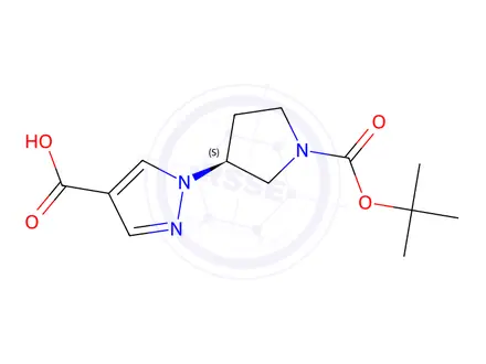 Chemical structure of (S)-1-(1-(tert-butoxycarbonyl)pyrrolidin-3-yl)-1H-pyrazole-4-carboxylic acid