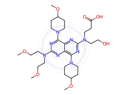 Chemical structure of 3-((6-(bis(2-methoxyethyl)amino)-4,8-bis(4-methoxypiperidin-1-yl)pyrimido[5,4-d]pyrimidin-2-yl)(2-hydroxyethyl)amino)propanoic acid