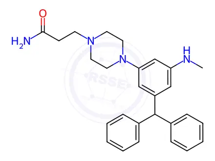 Chemical structure of 1-Piperazinepropanamide, 4-(diphenylmethyl)-N-(3-(methylamino)phenyl)-, hydrochloride, hydrate (2:6:1)