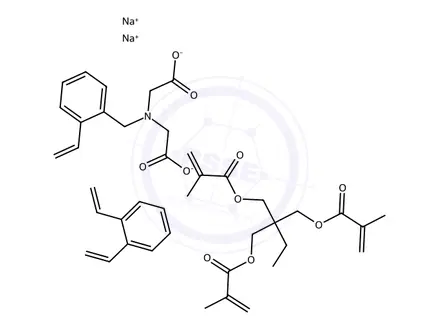Chemical structure of Glycine, N-(carboxymethyl)-N-[(ethenylphenyl)methyl]-, sodium salt, polymer with diethenylbenzene and 1,1'-[2-ethyl-2-[[(2-methyl-1-oxo-2-propen-1-yl)oxy]methyl]-1,3-propanediyl] bis(2-methyl-2-propenoate)