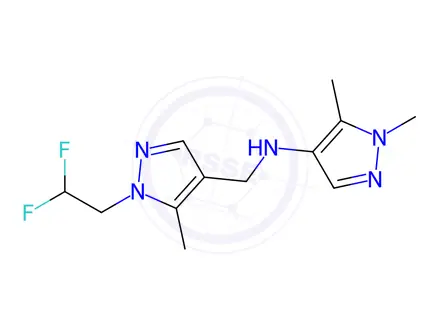 Chemical structure of N-{[1-(2,2-difluoroethyl)-5-methyl-1H-pyrazol-4-yl]methyl}-1,5-dimethyl-1H-pyrazol-4-amine