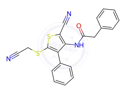Chemical structure of N-(2-cyano-5-((cyanomethyl)thio)-4-phenylthiophen-3-yl)-2-phenylacetamide