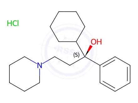 Chemical structure of (1S)-1-cyclohexyl-1-phenyl-3-(1-piperidyl)propan-1-ol hydrochloride