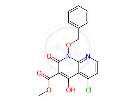 Chemical structure of 1,8-Naphthyridine-3-carboxylic acid, 5-chloro-1,2-dihydro-4-hydroxy-2-oxo-1-(phenylmethoxy)-, methyl ester