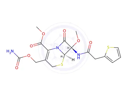 Chemical structure of (6R,7S)-methyl 3-((carbamoyloxy)methyl)-7-methoxy-8-oxo-7-(2-(thiophen-2-yl)acetamido)-5-thia-1-azabicyclo[4.2.0]oct-2-ene-2-carboxylate