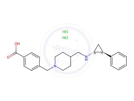 Chemical structure of 4-((4-((((1R,2S)-2-Phenylcyclopropyl)amino)methyl)piperidin-1-yl)methyl)benzoic acid dihydrochloride