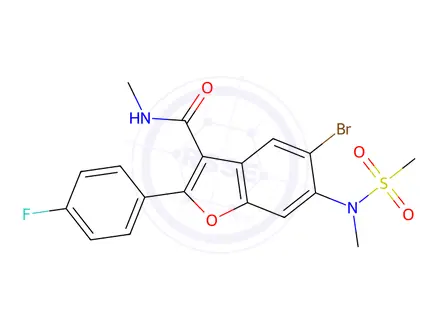 Chemical structure of 5-Bromo-2-(4-fluorophenyl)-N-methyl-6-(N-methylmethylsulfonamido)benzofuran-3-carboxamide
