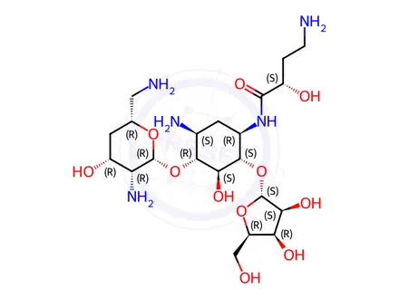 Chemical structure of 4-O-(2,6-Diamino-2,4,6-trideoxy-α-D-xylo-hexopyranosyl)-5-O-β-D-ribofuranosyl-N-[(S)-4-amino-2-hydroxybutyryl]-2-deoxy-D-streptamine
