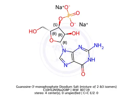 Chemical structure of Guanosine-3'-monophosphate Disodium Salt (mixture of 2’&3’ isomers)