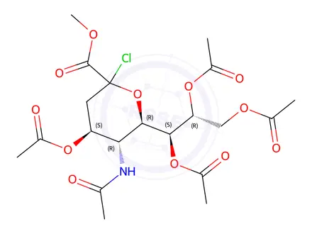 Chemical structure of D-glycero-D-galacto-2-Nonulopyranosonic acid, 5-(acetylaMino)-2-chloro-2,3,5-trideoxy-, Methyl ester, 4,7,8,9-tetraacetate