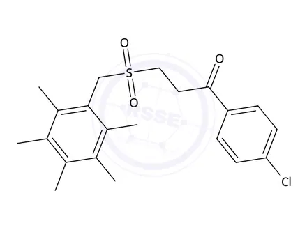 Chemical structure of 1-(4-Chlorophenyl)-3-((2,3,4,5,6-pentamethylbenzyl)sulfonyl)propan-1-one