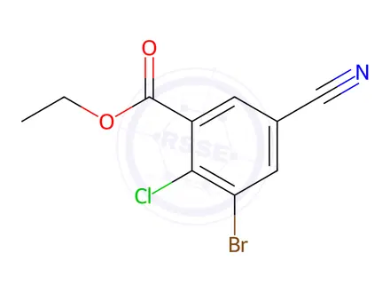 Chemical structure of ethyl 3-bromo-2-chloro-5-cyanobenzoate