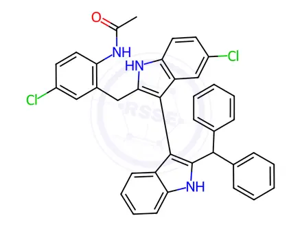Chemical structure of N-(2-((2'-Benzhydryl-5-chloro-1H,1'H-[3,3'-biindol]-2-yl)methyl)-4-chlorophenyl)acetamide