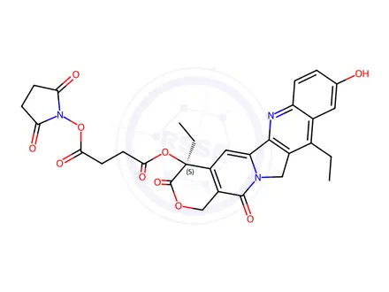 Chemical structure of O1-[(19S)-10,19-diethyl-7-hydroxy-14,18-dioxo-17-oxa-3,13-diazapentacyclo[11.8.0.0211.049.0152o]henicosa-1(21),2,4,6,8,10,15(20)-heptaen-19-yl] O4-(2,5-dioxopyrrolidin-1-yl) butanedioate
