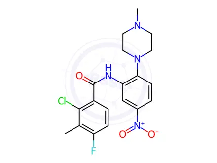 Chemical structure of Benzamide, 2-chloro-4-fluoro-3-methyl-N-[2-(4-methyl-1-piperazinyl)-5-nitrophenyl]-
