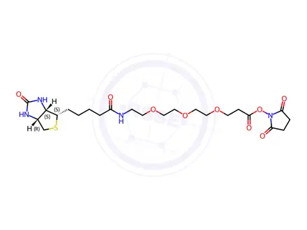 Chemical structure of 4,7,10-Trioxa-13-azaoctadecanoic acid, 18-[(3aS,4S,6aR)-hexahydro-2-oxo-1H-thieno[3,4-d]imidazol-4-yl]-14-oxo-, 2,5-dioxo-1-pyrrolidinyl ester