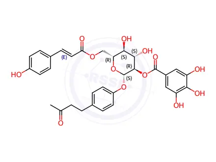 Chemical structure of 4-(3-oxobutyl)phenyl 6-O-[(2E)-3-(4-hydroxyphenyl)prop-2-enoyl]-2-O-(3,4,5-trihydroxybenzoyl)-b-D-glucopyranoside