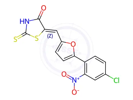 Chemical structure of (5Z)-5-{[5-(4-chloro-2-nitrophenyl)furan-2-yl]methylidene}-2-sulfanylidene-1,3-thiazolidin-4-one