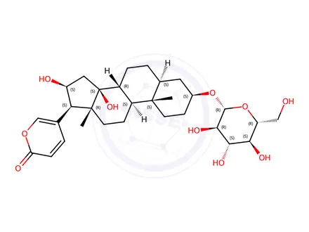 Chemical structure of 14β,16β-Dihydroxy-3β-(β-D-glucopyranosyloxy)-5α-bufa-20,22-dienolide