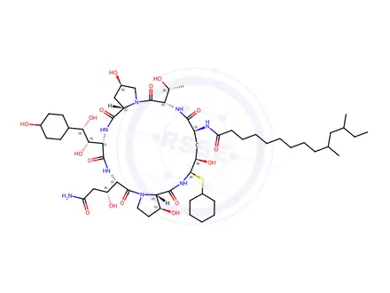 Chemical structure of 1-[(4R,5R)-N2-(10,12-Dimethyl-1-oxotetradecyl)-4-hydroxy-5-(phenylthio)-L-ornithine]-pneumocandin B0