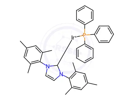 Chemical structure of Triphenylphosphine(1,5-cyclooctadiene)[1,3-bis(2,4,6-trimethylphenyl)imidazol-2-ylidene]iridium(I) hexafluorophosphate
