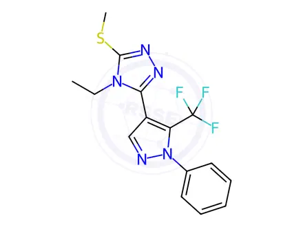 Chemical structure of 4-Ethyl-3-(methylthio)-5-(1-phenyl-5-(trifluoromethyl)-1H-pyrazol-4-yl)-4H-1,2,4-triazole