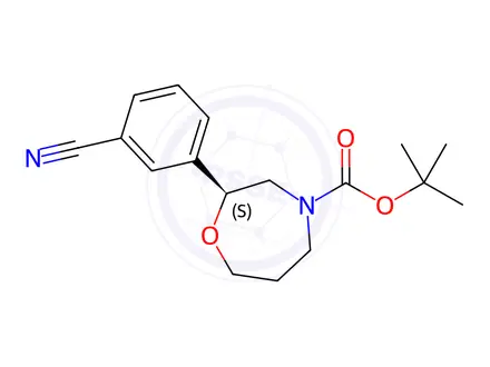 Chemical structure of 1,4-Oxazepine-4(5H)-carboxylic acid, 2-(3-cyanophenyl)tetrahydro-, 1,1-dimethylethyl ester, (2S)-