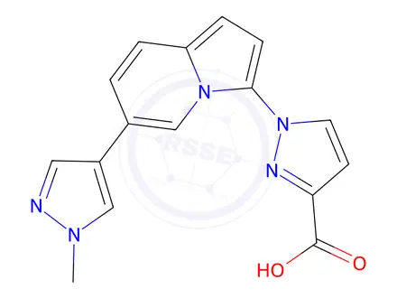 Chemical structure of 1-(6-(1-Methyl-1H-pyrazol-4-yl)indolizin-3-yl)-1H-pyrazole-3-carboxylic acid