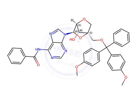 Chemical structure of Benzamide, N-[9-[2,5-anhydro-4-C-[[bis(4-methoxyphenyl)phenylmethoxy]methyl]-β-D-lyxofuranosyl]-9H-purin-6-yl]-(9CI)