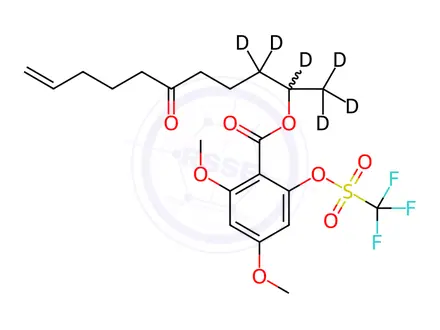 Chemical structure of rac 2,4-Dimethoxy-6-[[(trifluoromethyl)sulfonyl]oxy]benzoic Acid 1-Methyl-5-oxo-9-decen-1-yl Ester-d6