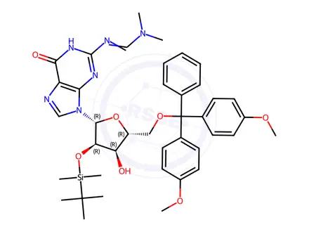 Chemical structure of Guanosine, 5'-O-[bis(4-methoxyphenyl)phenylmethyl]-N-[(dimethylamino)methylene]-2'-O-[(1,1-dimethylethyl)dimethylsilyl]-