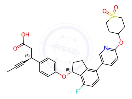 Chemical structure of (S)-3-(4-(((R)-4-(6-((1,1-dioxidotetrahydro-2H-thiopyran-4-yl)oxy)pyridin-3-yl)-7-fluoro-2,3-dihydro-1H-inden-1-yl)oxy)phenyl)hex-4-ynoic acid