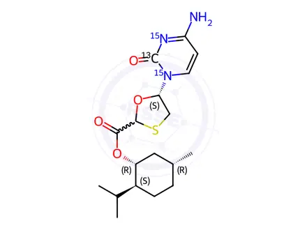 Chemical structure of (2R,5S)-L-Menthol-5-(4-amino-2-oxo-1(2H)-pyrimidinyl-15N2,13C)-1,3-oxathiolane-2-carboxylate