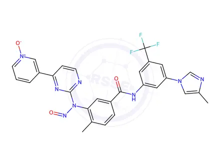 Chemical structure of 3-{2-[(2-methyl-5-{[3-(4-methyl-1H-imidazol-1-yl)-5-(trifluoromethyl)phenyl]carbamoyl}phenyl)(nitroso)amino]pyrimidin-4-yl}pyridin-1-ium-1-olate