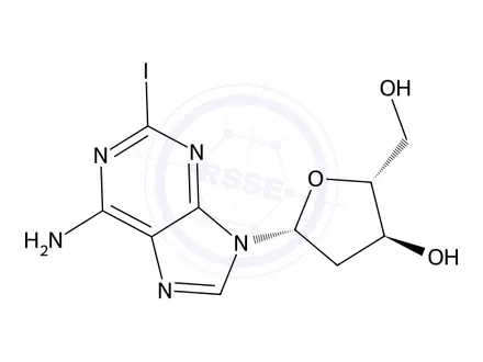 Chemical structure of (2R,3S,5R)-5-(6-Amino-2-iodo-9H-purin-9-yl)-2-(hydroxymethyl)tetrahydrofuran-3-ol
