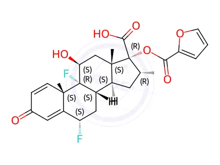 Chemical structure of (6a,11b,16a,17a)-6,9-Difluoro-17-[(2-furanylcarbonyl)oxy]-11-hydroxy-16-methyl-3-oxoandrosta-1,4-diene-17-carboxylic Acid