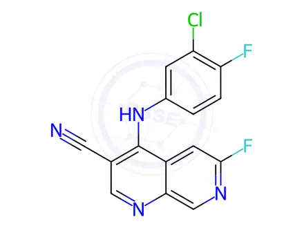 Chemical structure of 4-(3-chloro-4-fluorophenylamino)-6-fluoro-1,7-naphthyridine-3-carbonitrile