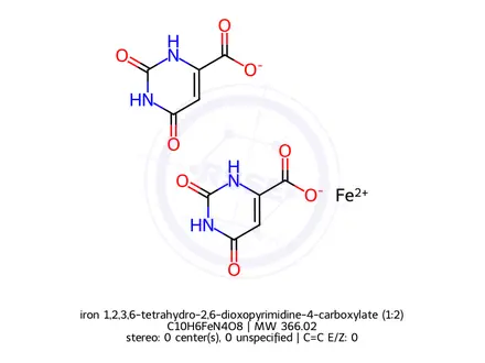 Chemical structure of bis(1,2,3,6-tetrahydro-2,6-dioxopyrimidine-4-carboxylato-N3,O4)iron