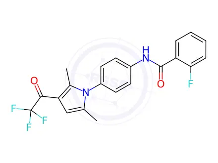 Chemical structure of N-(4-(2,5-dimethyl-3-(2,2,2-trifluoroacetyl)-1H-pyrrol-1-yl)phenyl)-2-fluorobenzamide
