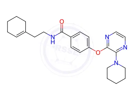 Chemical structure of N-[2-(cyclohexen-1-yl)ethyl]-4-(3-piperidin-1-ylpyrazin-2-yl)oxybenzamide