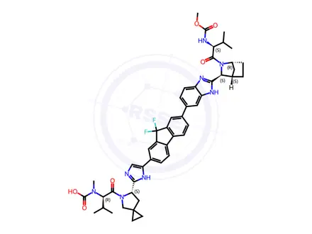 Chemical structure of Methyl ((R)-1-((S)-6-(5-(9,9-difluoro-7-(2-((1R,3S,4S)-2-((methoxycarbonyl)-L-valyl)-2-azabicyclo[2.2.1]heptan-3-yl)-1H-benzo[d]imidazol-6-yl)-9H-fluoren-2-yl)-1H-imidazol-2-yl)-5-azaspiro[2.4]heptan-5-yl)-3-methyl-1-oxobutan-2-yl)carbamate