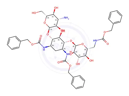 Chemical structure of 3,5,6’-Tri(N-Benzyloxycarbonyl) Kanamycin A
