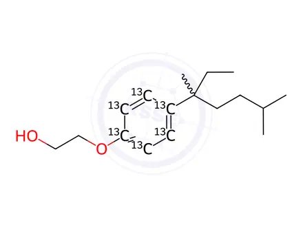Chemical structure of 2-[4-(1-Ethyl-1,4-dimethylpentyl)phenoxy]ethanol-13C6