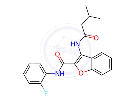 Chemical structure of N-(2-Fluorophenyl)-3-(3-methylbutanamido)benzofuran-2-carboxamide
