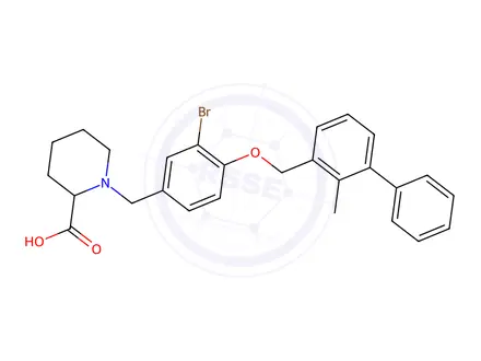 Chemical structure of 1-(3-Bromo-4-((2-methyl-[1,1'-biphenyl]-3-yl)methoxy)benzyl)piperidine-2-carboxylic acid