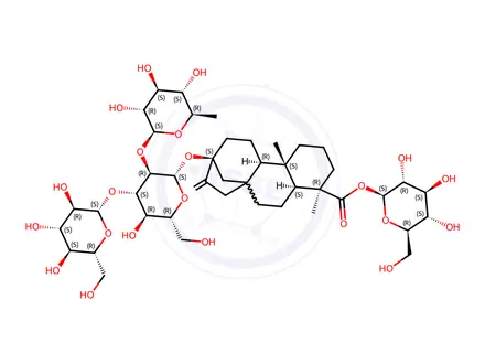 Chemical structure of Stevia Impurity (13-[(2-O-6-deoxy-β-D-glucopyranosyl-3-O-β-D-glucopyranosyl-β-D-glucopyranosyl)oxy]ent-kaur-16-en-19-oic acid β-D-glucopyranosyl ester)