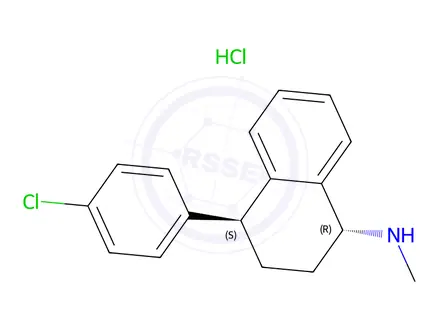Chemical structure of (1RS,4SR)-4-(4-Chlorophenyl)-N-methyl-1,2,3,4-tetrahydronaphthalen-1-amine Hydrochloride