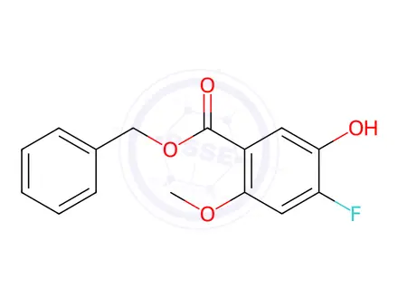 Chemical structure of Benzoic acid, 4-fluoro-5-hydroxy-2-methoxy-, phenylmethyl ester
