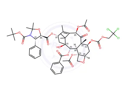 Chemical structure of 13-{[(3-t-Boc)-2,2-dimethyl-4S-phenyl-1,3-oxazolidin-5R-yl]formyl}-7-O-(2,2,2-trichloroethyl)oxy]carbonyl) Baccatin III
