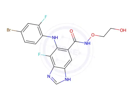 Chemical structure of 5-((4-bromo-2-fluorophenyl)amino)-4-fluoro-N-(2-hydroxyethoxy)-1H-benzo[d]imidazole-6-carboxamide
